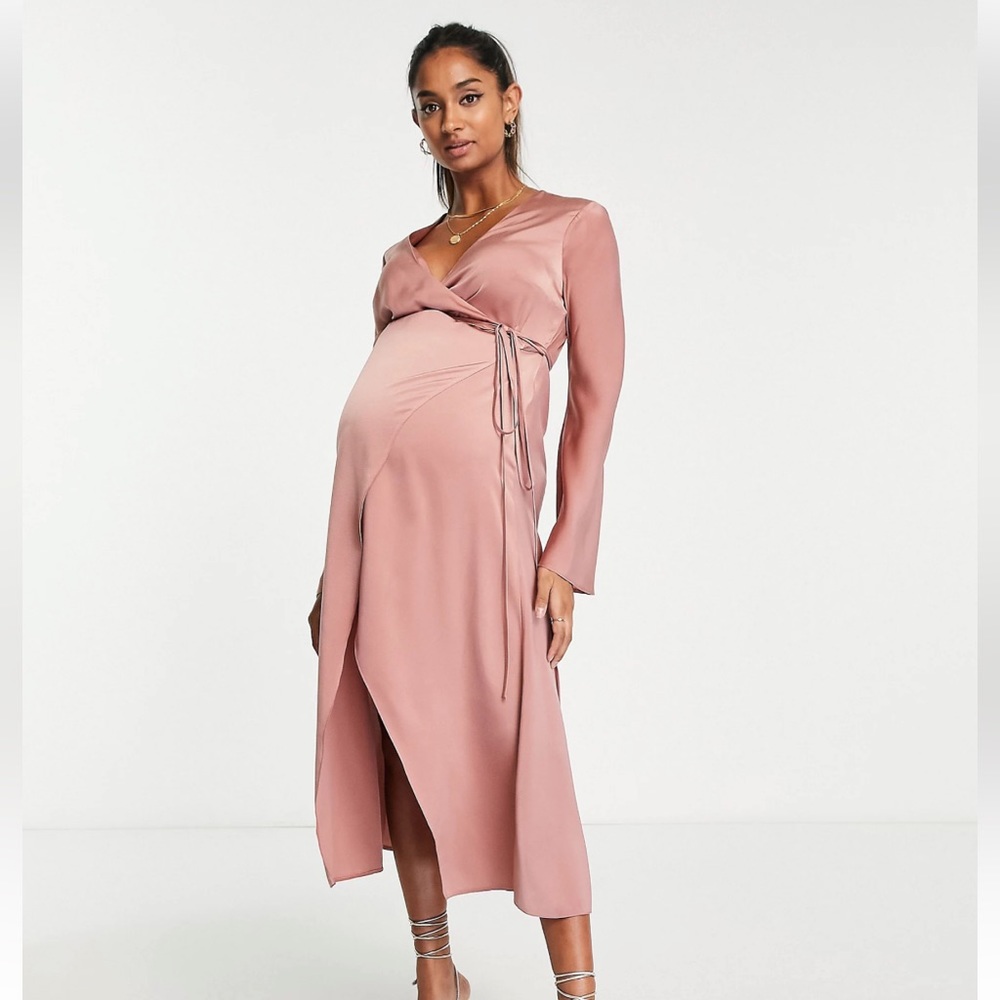NWT ASOS Design Maternity Bias Cut Satin Wrap Dress with Tie Waist Size US 12